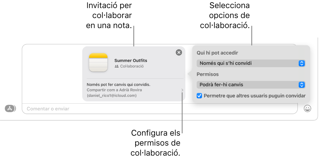 Primer pla del camp de missatge de text a la part inferior de la conversa de l’app Missatges. Hi ha una invitació per col·laborar en una nota. Pots fer clic al costat dret de la invitació per configurar els permisos de col·laboració.