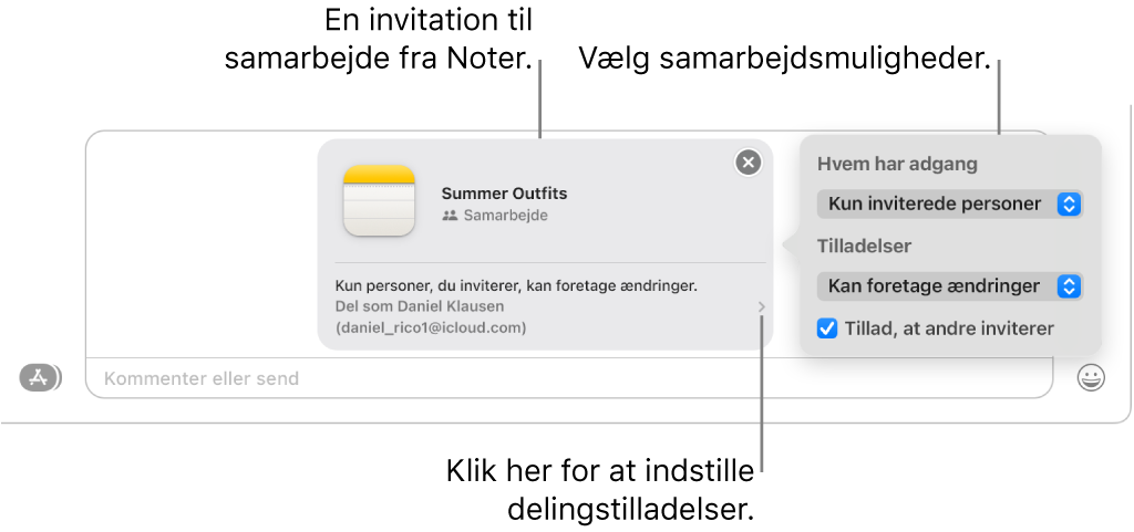 Et nærbillede af tekstbeskedfeltet nederst i samtalen i Beskeder. Der er en invitation til at samarbejde om en note. Du kan klikke i højre side af invitationen for at indstille tilladelser til samarbejde.