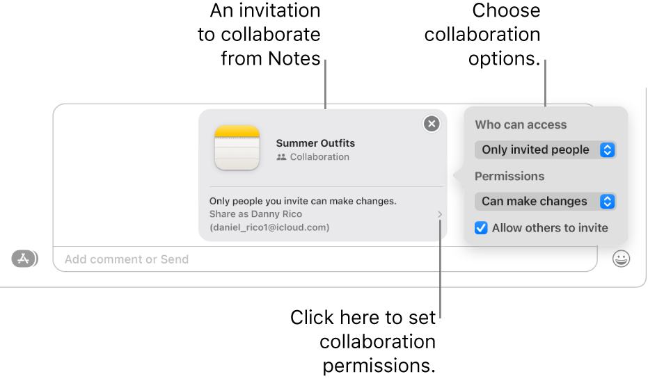 A close-up of the text message field at the bottom of the Messages conversation. There’s an invitation to collaborate on a note. You can click the right side of the invitation to set collaboration permissions.