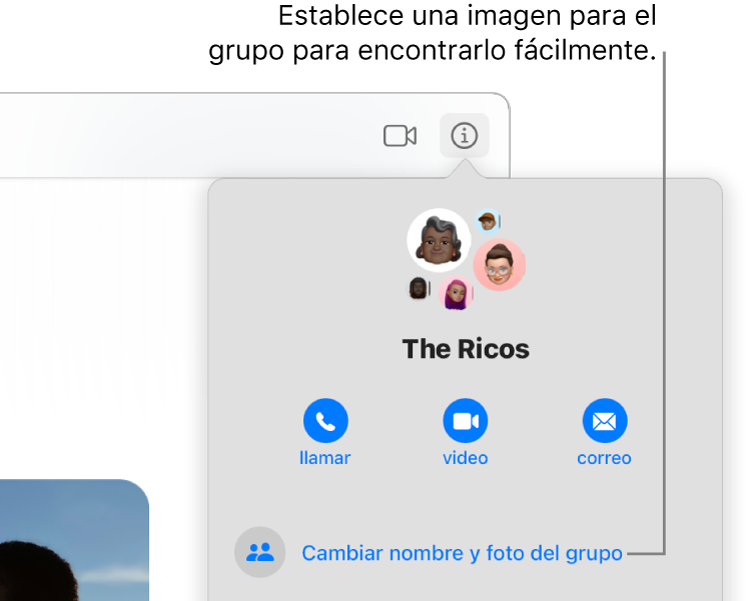 La visualización de Información de una conversación grupal, que aparece después de hacer clic en el botón Información en una conversación; muestra íconos de los miembros del grupo y el nombre del grupo. Debajo del nombre del grupo hay botones para hacer una llamada de video o audio de FaceTime, o bien enviar un correo al grupo. Debajo de ellos está el botón para cambiar el nombre y la foto del grupo.