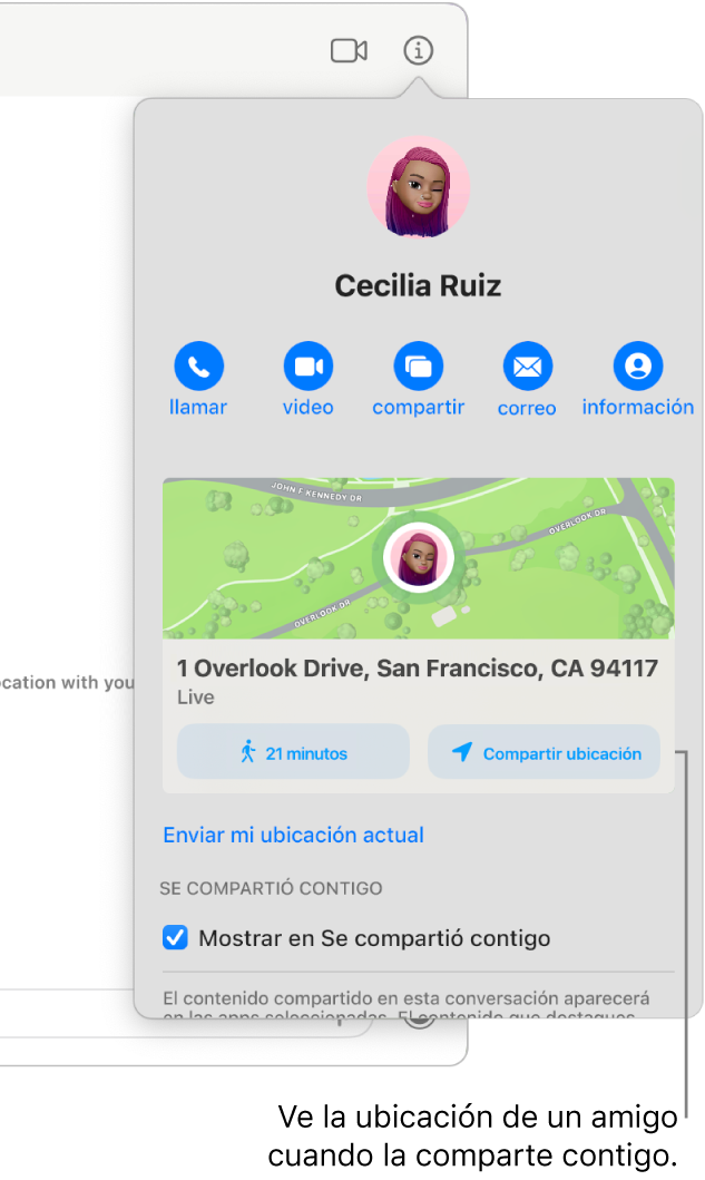 La visualización de Información, que aparece después de hacer clic en el botón Información en una conversación; muestra el ícono de una persona que compartió su ubicación contigo, así como un mapa y la dirección de su ubicación.