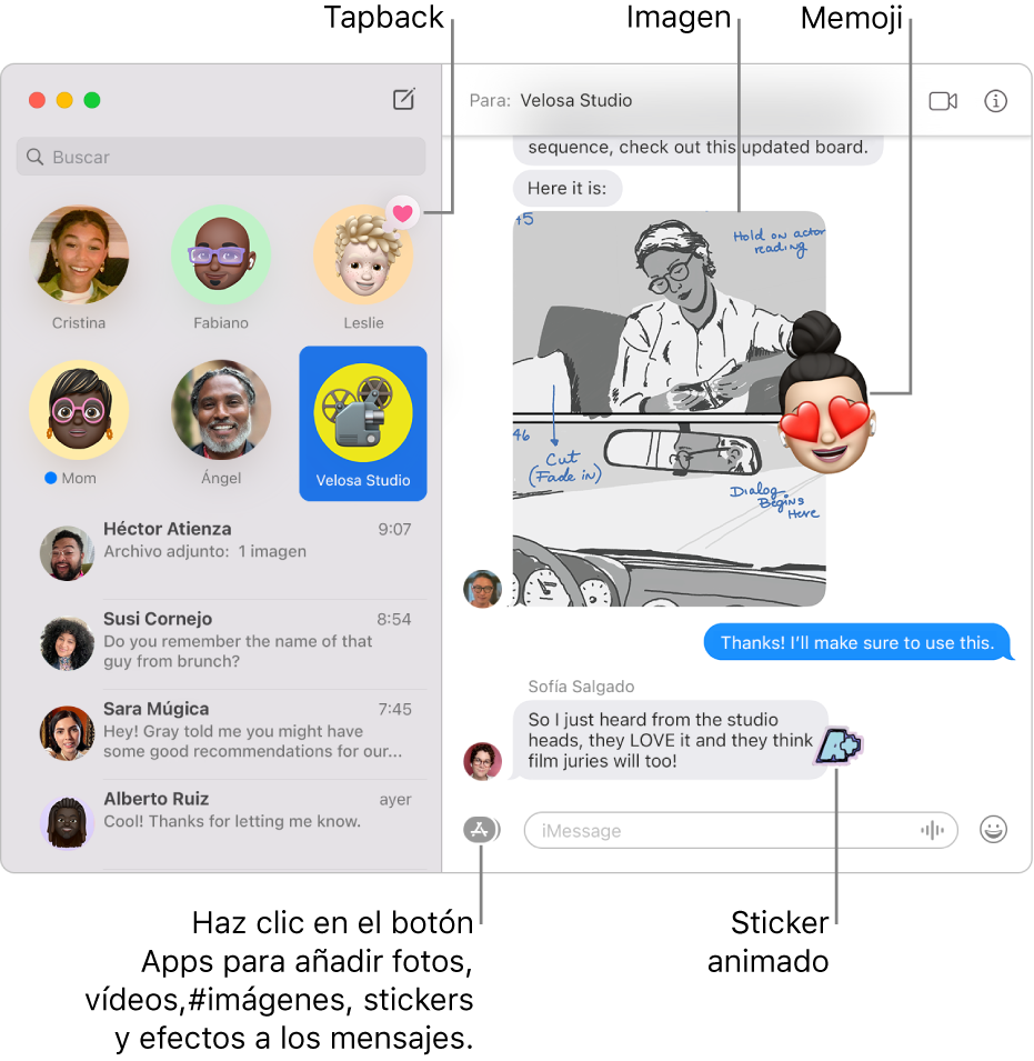 La ventana de Mensajes con una lista de conversaciones en la barra lateral de la izquierda y una transcripción a la derecha. En la transcripción hay resaltados algunos ítems: un tapback encima de una conversación fijada en la parte izquierda, una imagen y un Memoji en el lado derecho, y además un Live Sticker en la esquina inferior derecha. Haz clic el botón Apps de la parte inferior de la ventana para añadir fotos, vídeos, #imágenes, stickers y efectos de mensaje.