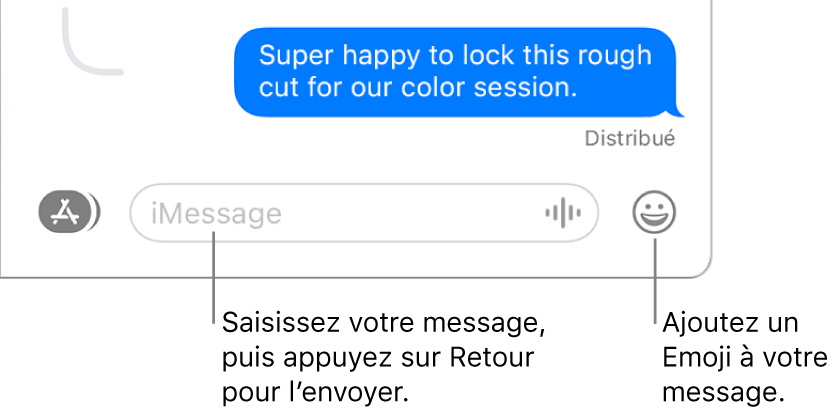 Une conversation dans la fenêtre Messages, avec le champ du message affiché au bas de la fenêtre.