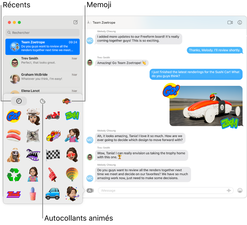 Une fenêtre Messages avec plusieurs conversations dans la barre latérale de gauche. Les options Autocollants disponibles dans le coin inférieur gauche sont Récents, Autocollants animés et Memoji. Une conversation est affichée sur la droite.
