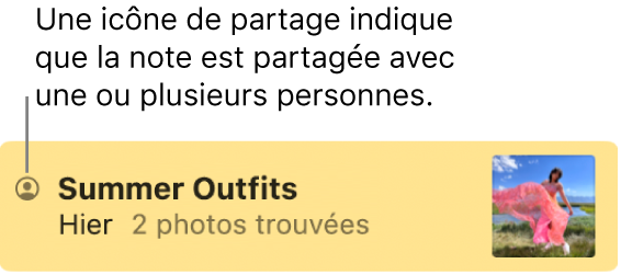 Une note partagée avec d’autres personnes, avec l’icône de partage à gauche du nom de la note.