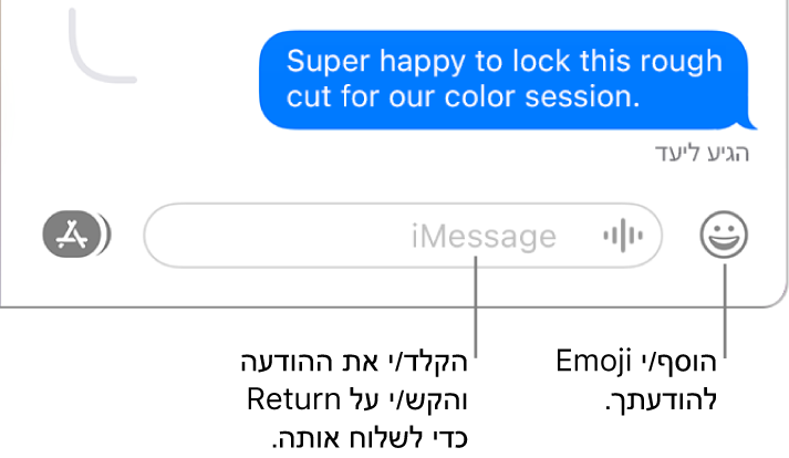 תמלול בחלון ״הודעות״ עם שדה ההודעה בתחתית החלון.