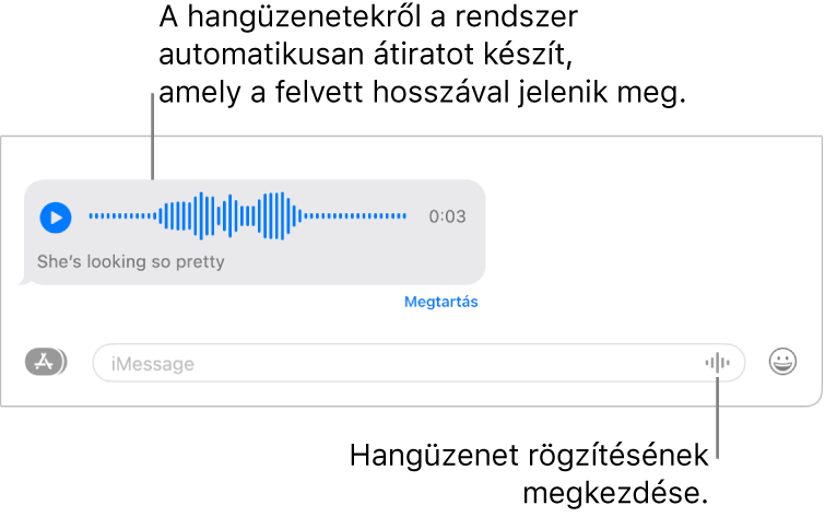 Egy Üzenetek-beszélgetés, amelyben a szövegmező mellett a Hang rögzítése gomb látható. Hangüzenet jelenik meg a beszélgetésben az átirattal és a felvétel hosszával együtt.