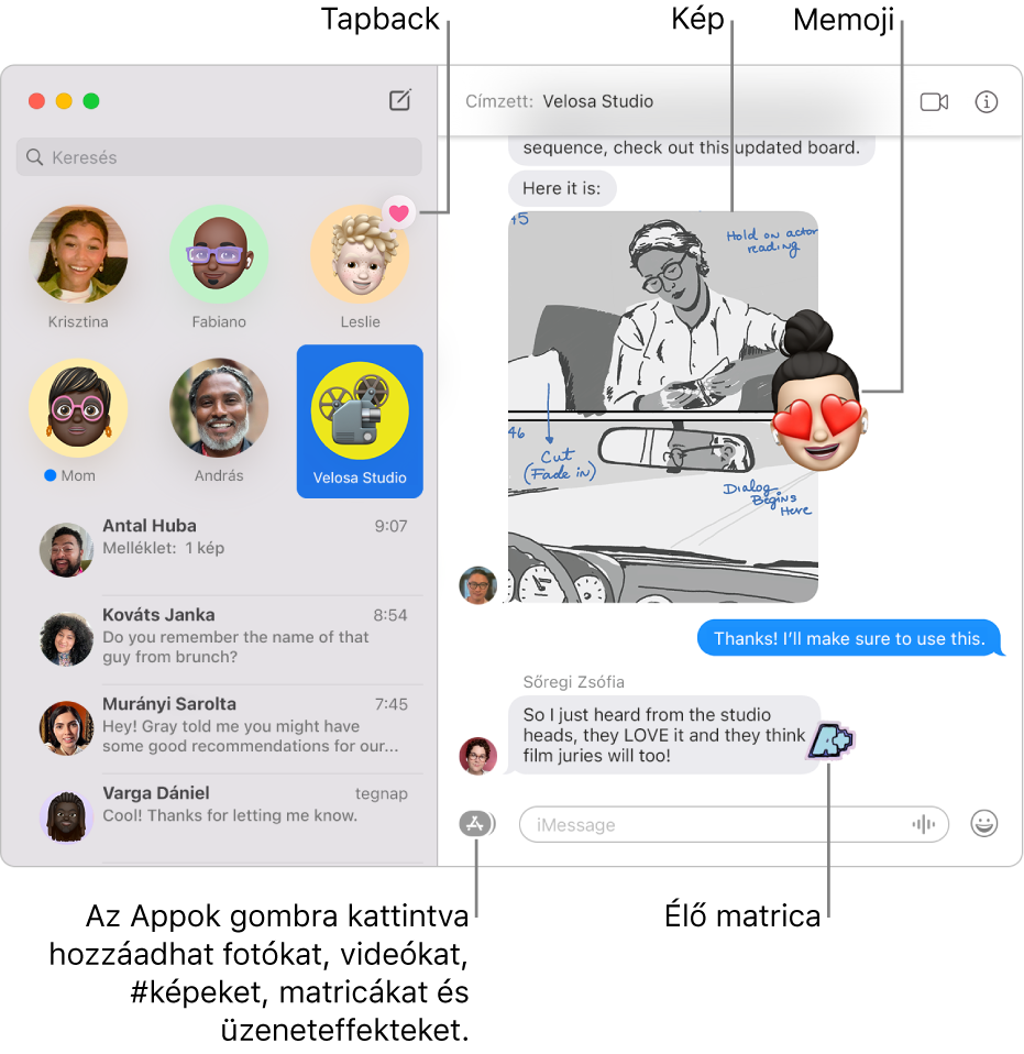 Az Üzenetek ablaka, bal oldalán, az oldalsávon egy több beszélgetést tartalmazó lista, és a jobb oldalon egy átirat látható. Néhány elem ki van emelve az átiratban: egy Tapback egy kitűzött beszélgetés fölött a bal oldalon, valamint egy kép és egy Memoji a jobb oldalon és egy Élő matrica a jobb alsó sarokban. Fotók, videók, #képek, matricák és üzeneteffektek hozzáadásához kattintson az Appok gombra az ablak alján.