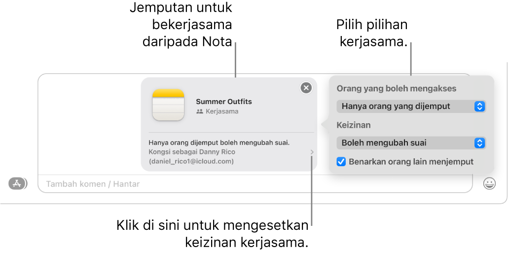 Pandangan dekat medan mesej teks di bahagian bawah perbualan Mesej. Terdapat jemputan untuk bekerjasama pada nota. Anda boleh klik sebelah kanan jemputan untuk mengesetkan keizinan kerjasama.