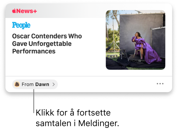 En artikkel som er delt i News-appen. Klikk på Fra-etiketten for å sende et svar i Meldinger.