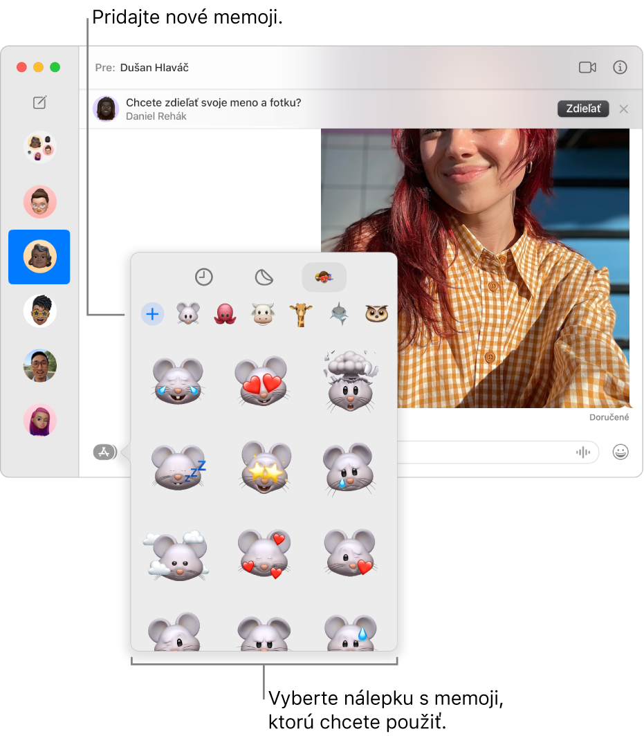 Okno Správy so zoznamom konverzácií na postrannom paneli vľavo a prepisom zobrazeným vpravo. Po výbere položky Memoji nálepky v tlačidle Apky si môžete vybrať memoji nálepku, ktorú chcete použiť, alebo vytvoriť nové memoji.