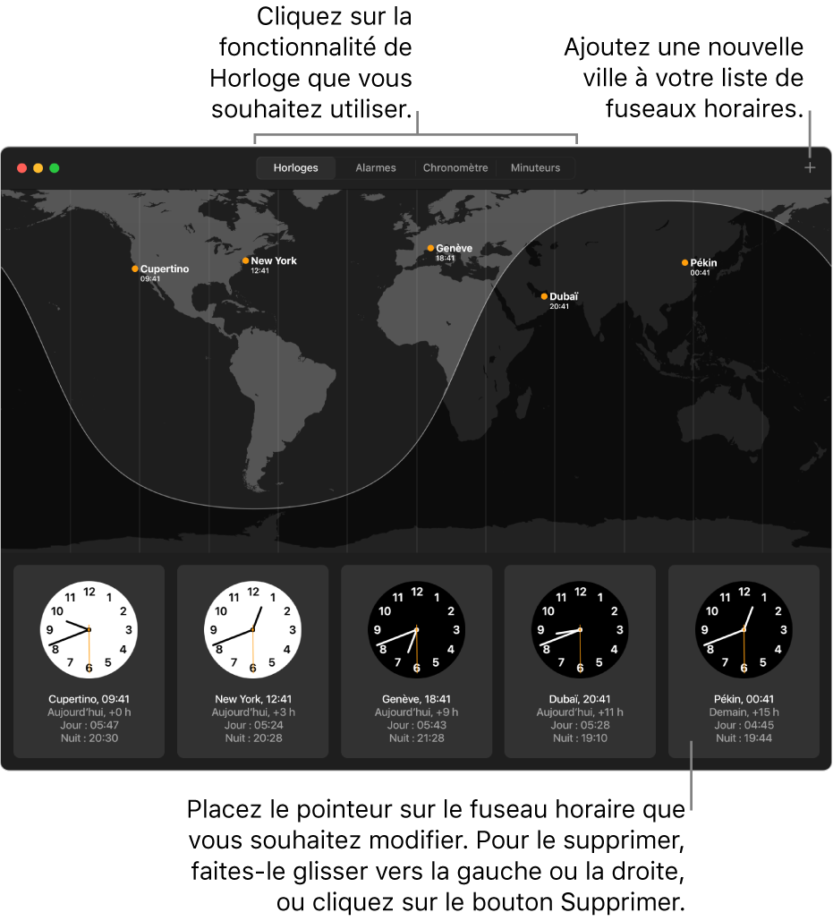 Une carte du monde affichant lʼheure locale, lʼheure du lever et lʼheure du coucher de soleil dans plusieurs villes à travers le monde.