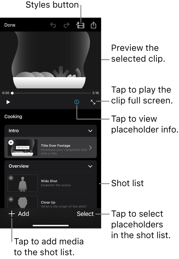 An open Storyboard project, with the selected placeholder clip appearing in the viewer and the shot list below.