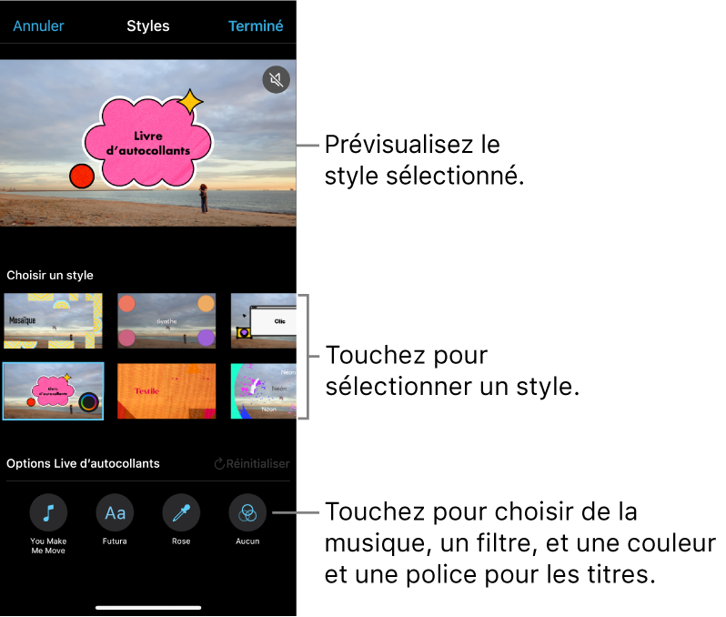 Le visualiseur affichant un aperçu d’un style sélectionné, avec des options de style en dessous. Des boutons pour ajouter de la musique, sélectionner une couleur et une police pour les titres et ajouter un filtre se trouvent en bas de l’écran.