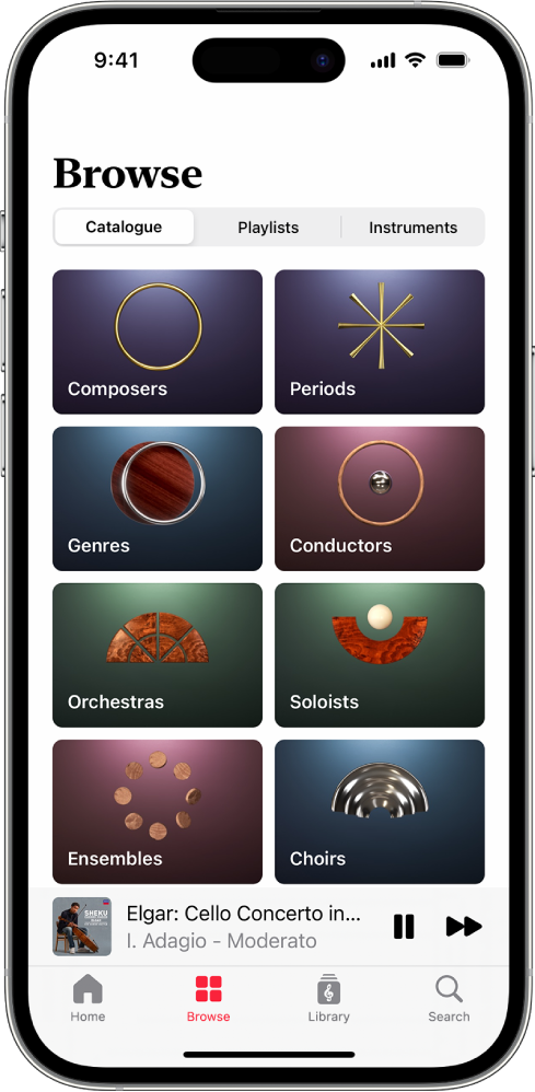 An iPhone showing the Browse tab in Apple Music Classical. At the top of the screen are the Catalogue, Playlists and Instruments buttons. The middle of the screen displays different categories, and below them is the MiniPlayer, which shows the track that’s currently playing. At the very bottom of the screen are the Home, Browse, Library and Search buttons.