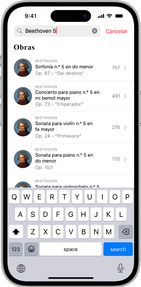 Un iPhone mostrando la pestaña Buscar en Apple Music Classical. En la parte superior de la pantalla está el campo de búsqueda, y debajo de este hay una lista de resultados.