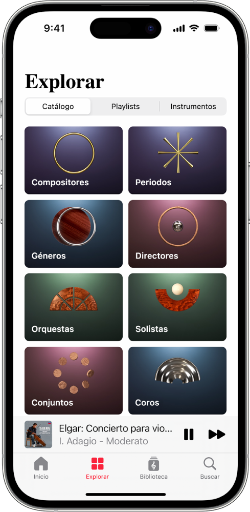 Un iPhone con la pestaña Explorar en Apple Music Classical. En la parte superior de la pantalla se muestran los botones Catálogo, Playlists e Instrumentos. En la parte media de la pantalla se muestran distintas categorías y, debajo, el minirreproductor, que muestra la pista que se está reproduciendo. Abajo del todo, se muestran los botones Inicio, Explorar, Biblioteca y Buscar.