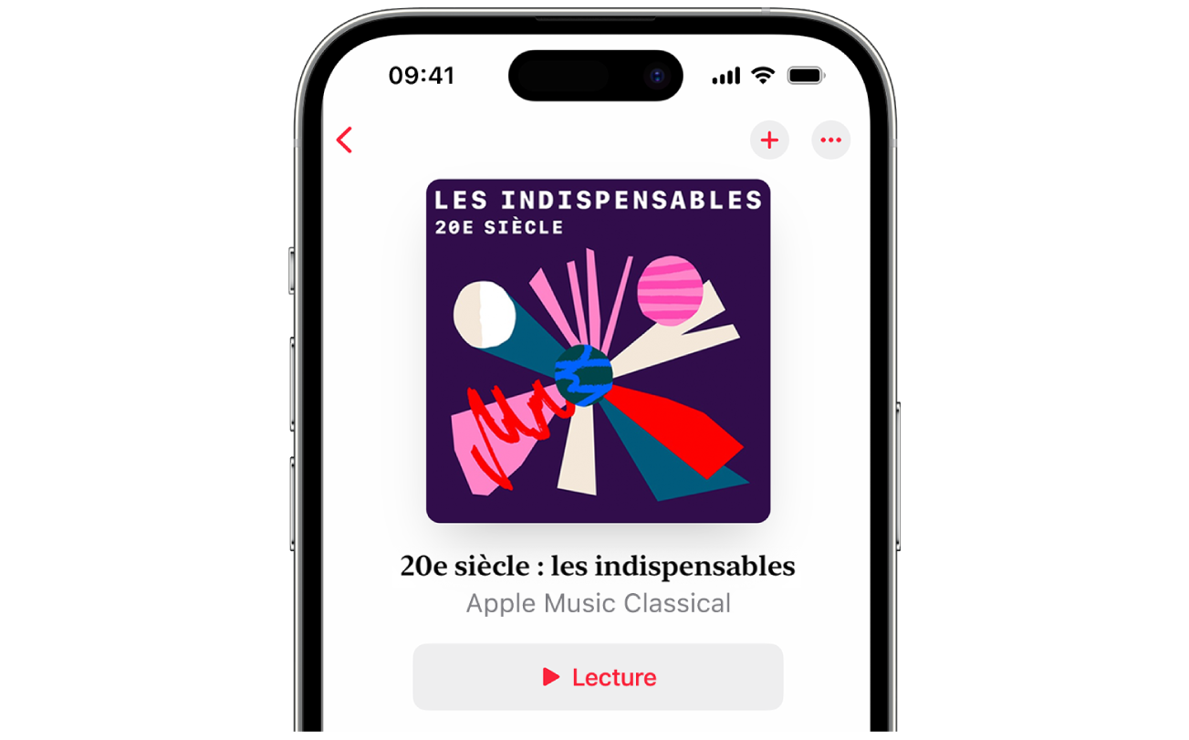 Un iPhone sur lequel sont affichés le graphisme et le titre d’une liste de lecture ainsi que le bouton Lecture dans Classique.