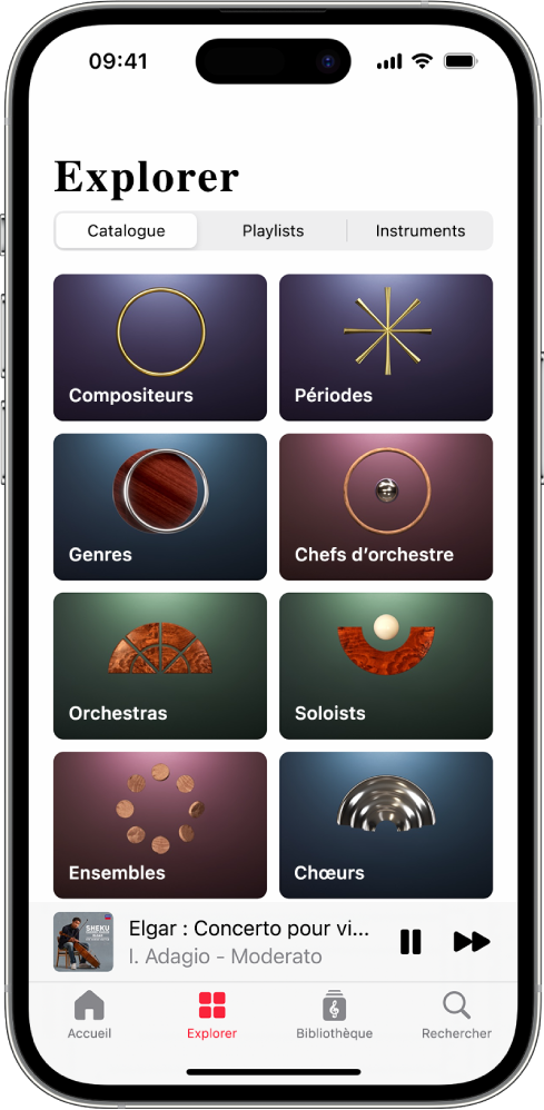 Un iPhone affichant l’onglet Explorer dans Apple Music Classical. En haut de l’écran se trouvent les boutons Catalogue, Playlists et Instruments. Au milieu de l’écran sont affichées différentes catégories et, en dessous, se trouve le mini-lecteur présentant la piste en cours de lecture. Tout en bas de l’écran figurent les boutons Accueil, Explorer, Bibliothèque et Rechercher.