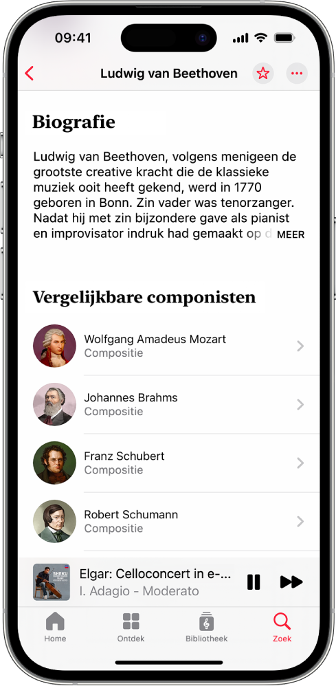 Een iPhone met de biografie van een componist in Apple Music Classical. Boven in het scherm staat de naam van de componist en tekst uit de biografie. In het midden van het scherm staat een lijst met gerelateerde componisten. Onder in het scherm staat de minispeler met de track die wordt afgespeeld. Onder de minispeler staan de knoppen 'Home', 'Ontdek', 'Bibliotheek' en 'Zoek'.