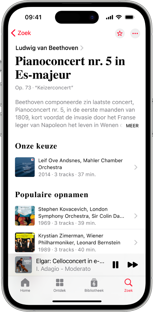 Een iPhone met de beschrijving van een muziekstuk in Apple Music Classical. Boven in het scherm staat de naam van de componist en het muziekstuk met daaronder informatie over het muziekstuk. In het midden van het scherm staan de gedeelten 'Onze keuze' en 'Populaire opnamen'. Onder in het scherm staat de minispeler met de track die wordt afgespeeld. Onder de minispeler staan de knoppen 'Home', 'Ontdek', 'Bibliotheek' en 'Zoek'.