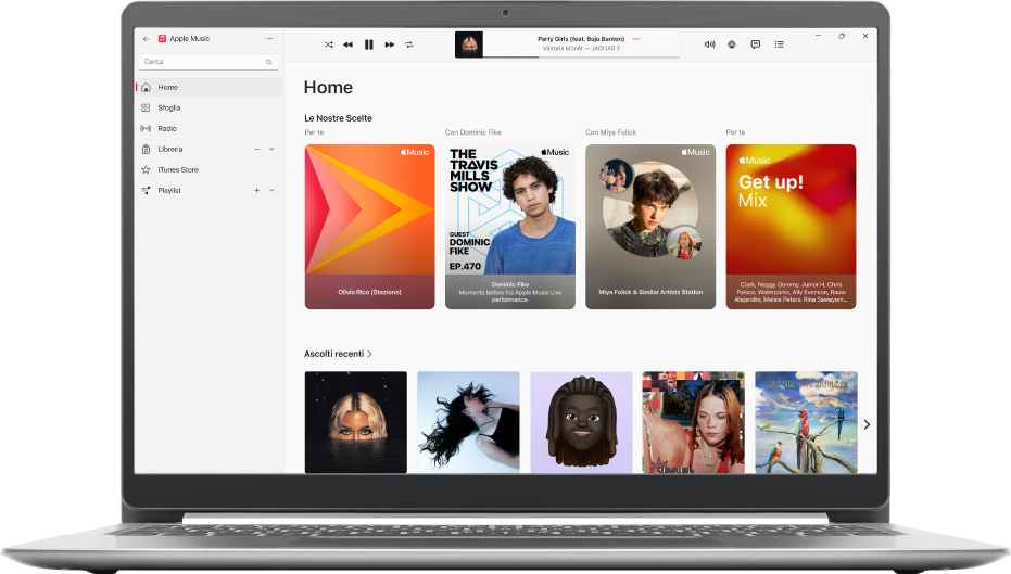 La finestra di Apple Music che mostra Home.