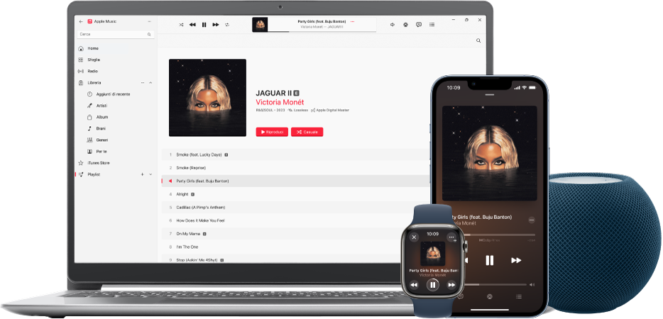 Un brano in riproduzione su un Mac, iPhone e Apple Watch, con un HomePod.