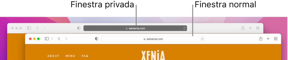 En un Mac, una finestra normal del Safari amb el camp de cerca intel·ligent il·luminat, i una finestra privada del Safari amb el camp de cerca intel·ligent fosc.