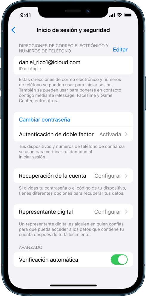 Pantalla de un iPhone que muestra la autenticación de doble factor desactivada.