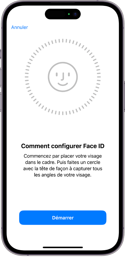 Écran de configuration de la reconnaissance Face ID. Le visage à l’écran est entouré d’un cercle. Le texte dessous demande à l’utilisateur de bouger lentement sa tête pour compléter le cercle. Un bouton Options d’accessibilité figure au bas de la page.