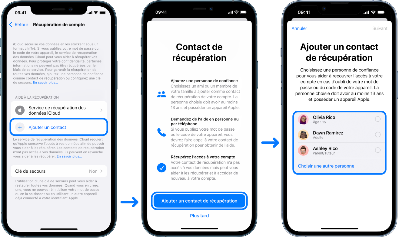 Trois écrans d’iPhone montrant comment ajouter des contacts de récupération de compte.