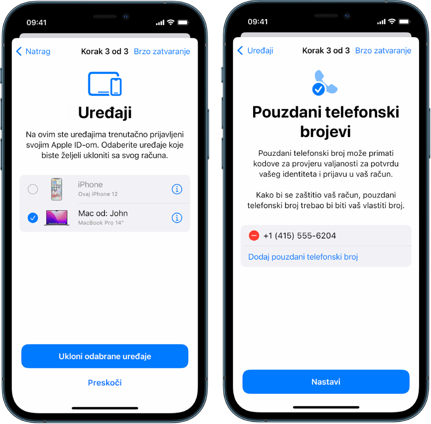 Tri iPhone zaslona prikazuju (1) odabrani uređaj za uklanjanje s pouzdanih uređaja, (2) zaslon za uređivanje telefonskih brojeva i (3) zaslon za ažuriranje Apple ID lozinke.