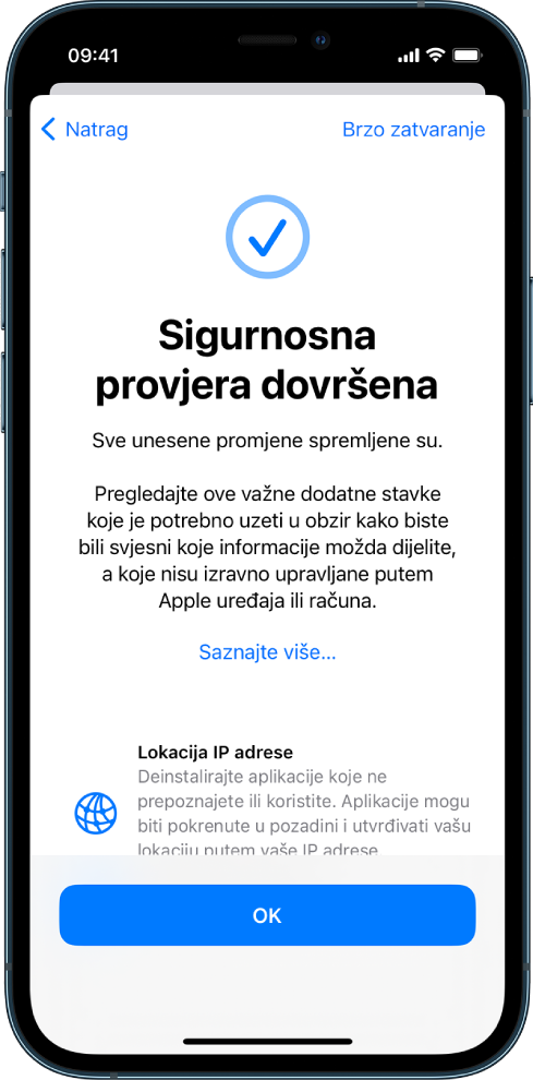 Zaslon Sigurnosne provjere s prikazom dovršetka Sigurnosne provjere.