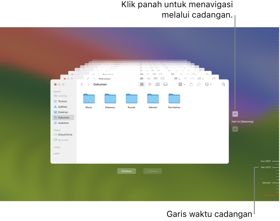 Tanda centang di garis waktu cadangan. Tanda centang merah menandakan cadangan yang Anda telusuri.