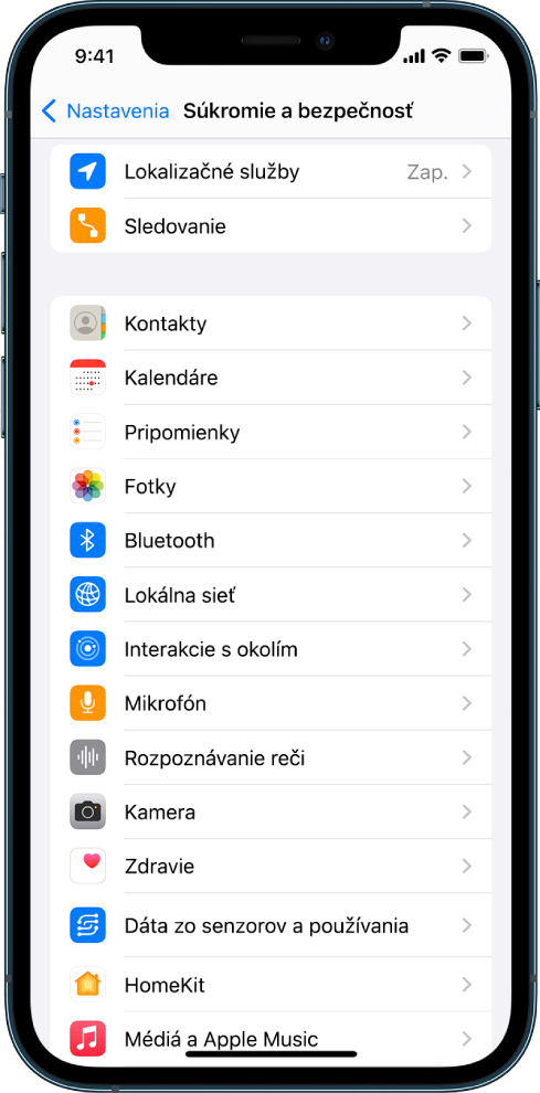 iPhone s obrazovkou Súkromie a bezpečnosť v Nastaveniach.