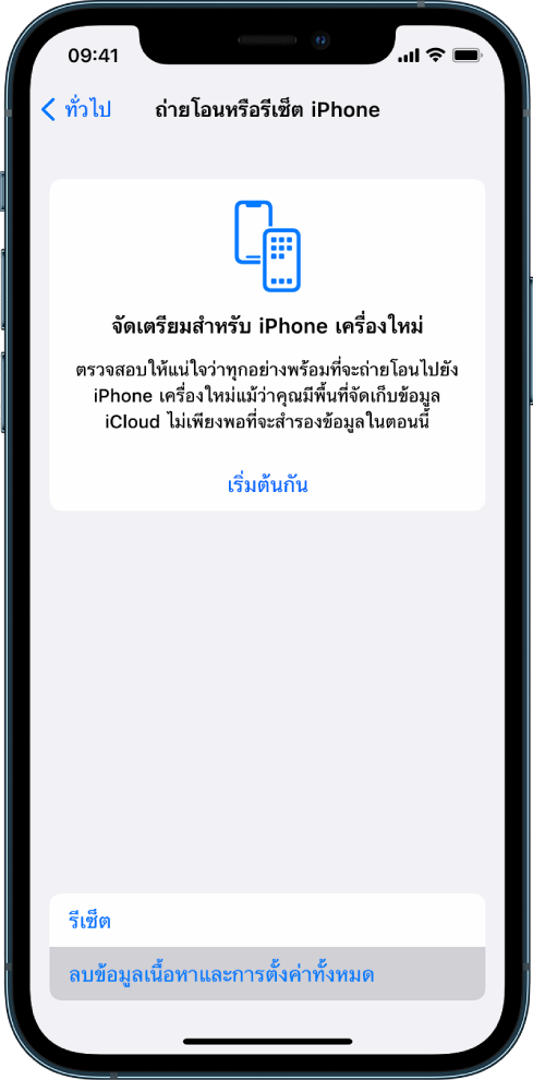 ภาพถ่ายหน้าจอ iPhone ที่แสดงการลบข้อมูลและการตั้งค่าทั้งหมดเป็นตัวเลือกที่เลือกอยู่