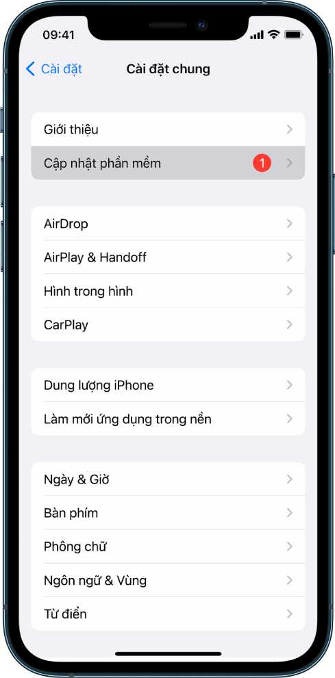 Màn hình iPhone đang cho biết rằng có sẵn một bản cập nhật phần mềm.