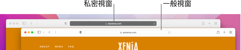 Mac 上的一般 Safari 視窗及其淺色「智慧型搜尋」欄位，以及私密 Safari 視窗及其深色「智慧型搜尋」欄位。