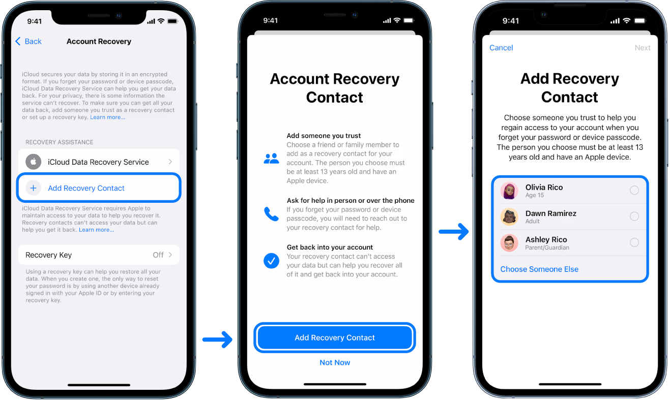 Three iPhone screens showing how to add Account Recovery contacts.