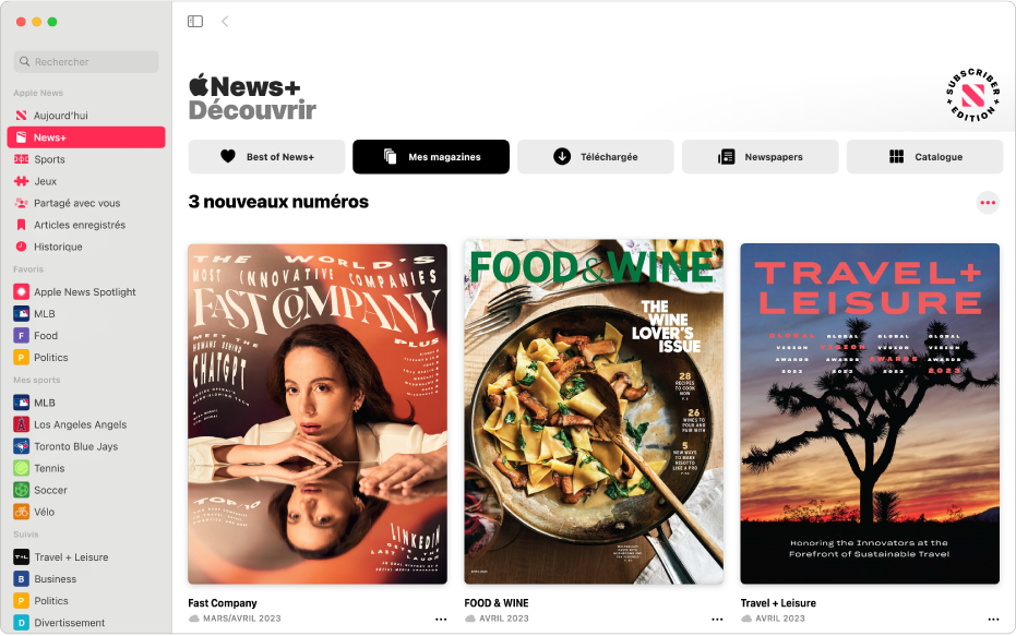 La fenêtre Apple News qui affiche News+ sélectionnée dans la barre latérale. Dans le flux Apple News+ à droite, la collection Mes magazines est sélectionnée. Sous le titre 3 Nouveaux numéros, les numéros sont disposés sous forme de grille.