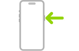 رسم توضيحي للـ iPhone مع سهم يشير إلى الزر الجانبي الموجود في أعلى الجزء الأيمن.