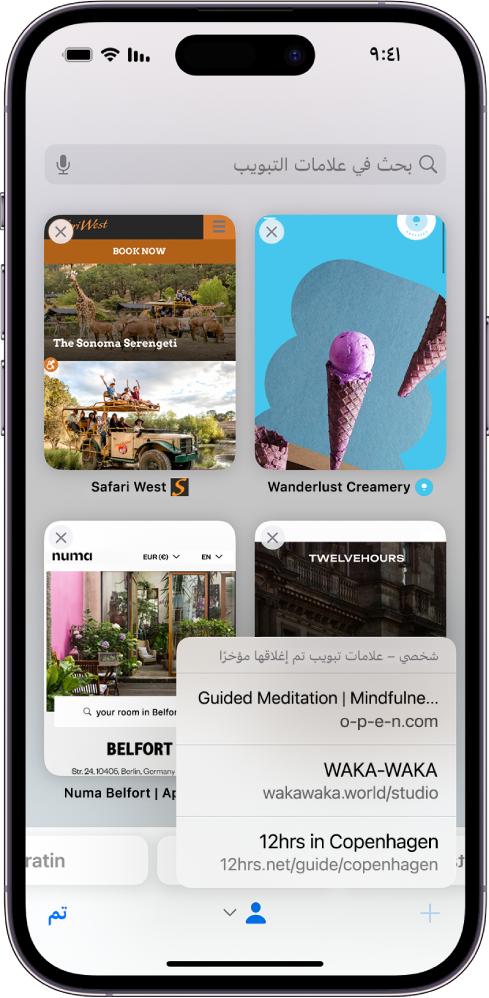 تظهر معاينات علامات التبويب المفتوحة على الشاشة. في الجزء السفلي الأيمن من الشاشة، زر علامة تبويب جديدة محدد، وتظهر قائمة بعلامات التبويب المغلقة مؤخرًا.