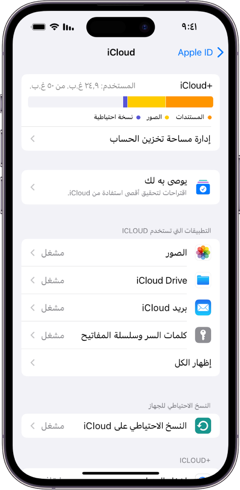 شاشة إعدادات iCloud يظهر بها مقياس مساحة تخزين iCloud وقائمة من الميزات—تشمل الصور و iCloud Drive والنسخ الاحتياطي على iCloud—والتي يمكن استخدامها مع iCloud.