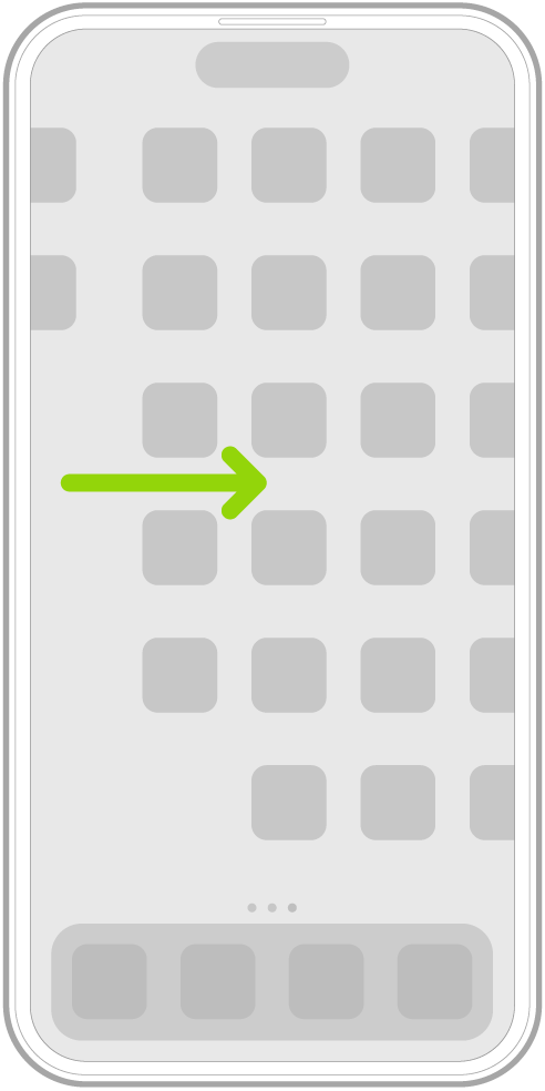 رسم توضيحي يعرض التحريك لليمين لتصفح التطبيقات الموجودة على صفحات الشاشة الرئيسية.