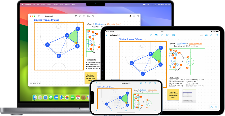 Mac, iPad и iPhone с отворено приложението Freeform.