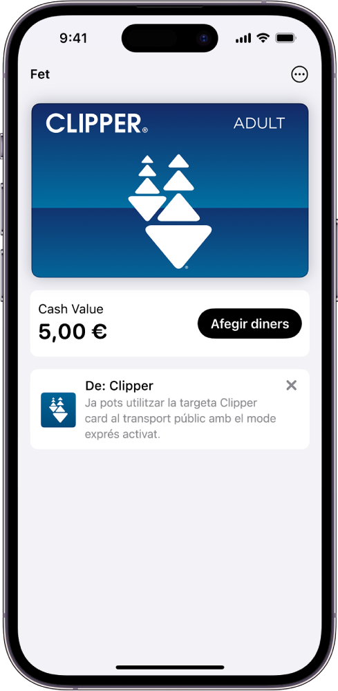 Una targeta de transport a l’app Cartera. A sota de la targeta es mostra el saldo, al costat del botó “Afegir diners”.