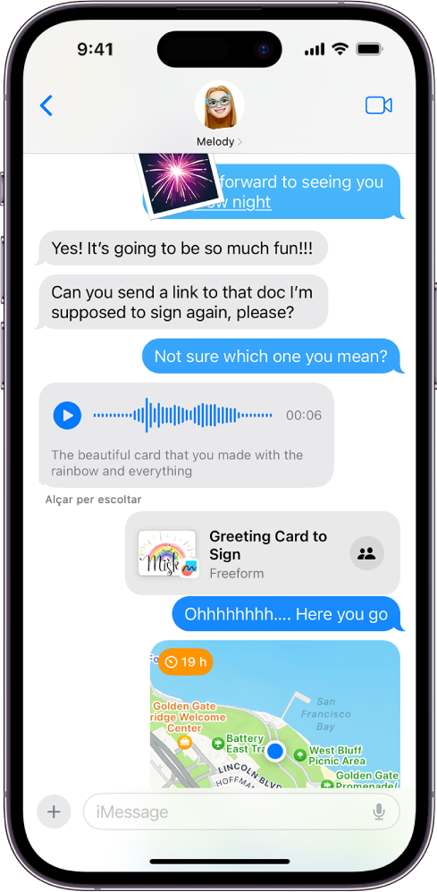 Una conversa de l’app Missatges que mostra funcions de l’iMessage.