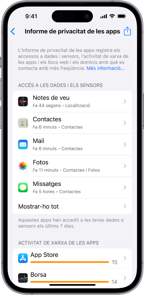 Informe de privacitat de les apps, on es pot veure informació sobre cinc apps a la categoria “Accés a les dades i els sensors” i informació sobre tres apps a la categoria “Activitat de xarxa de les apps”.