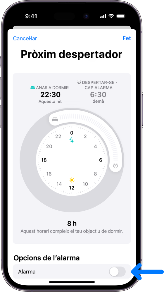 Pantalla Pròxim despertador amb l’opció “Alarma” desactivada a la part inferior.