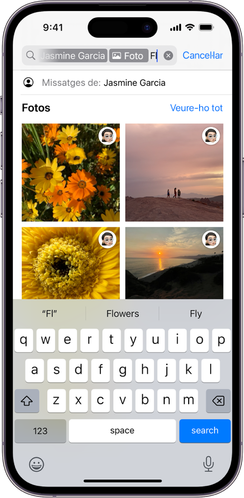 El camp de cerca a l’app Missatges. El camp de cerca conté una etiqueta que limita la cerca a les fotos enviades per una persona.